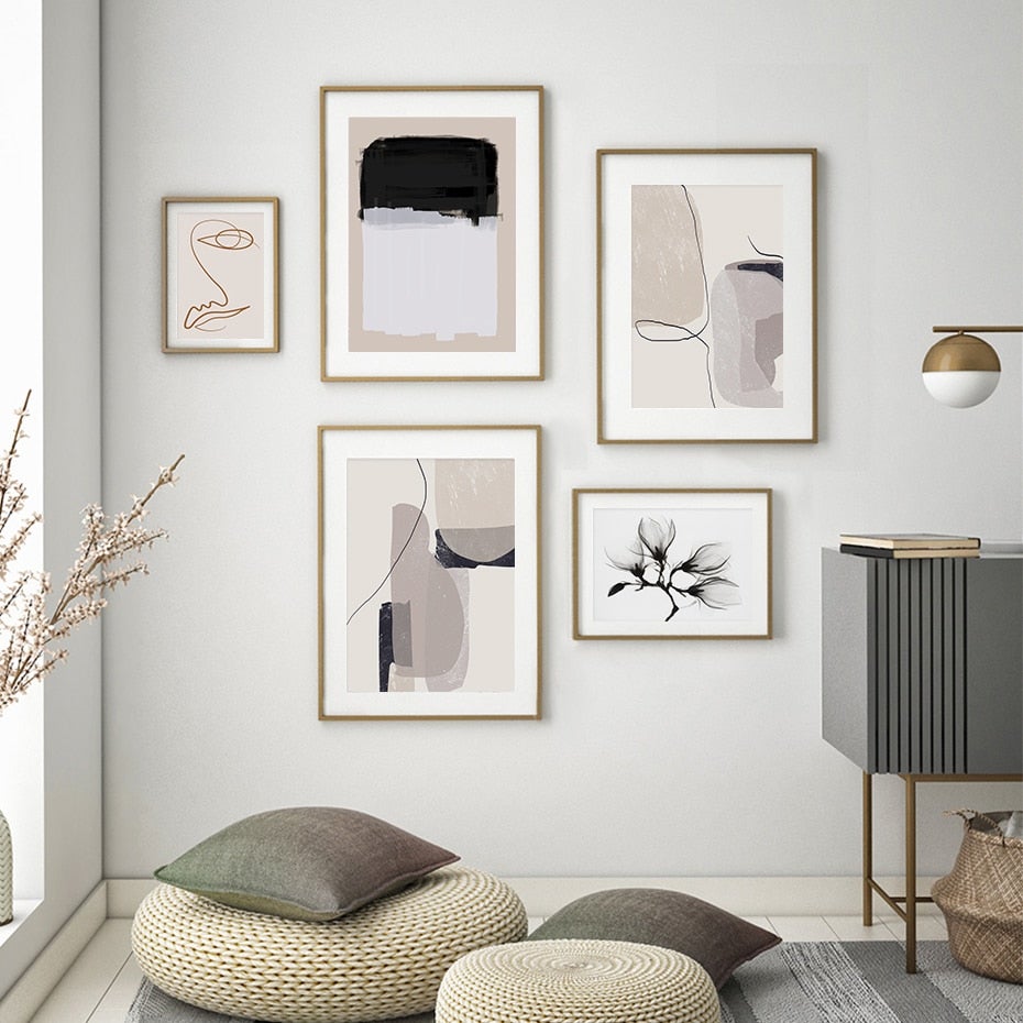 Beige abstract wall art set on wall.