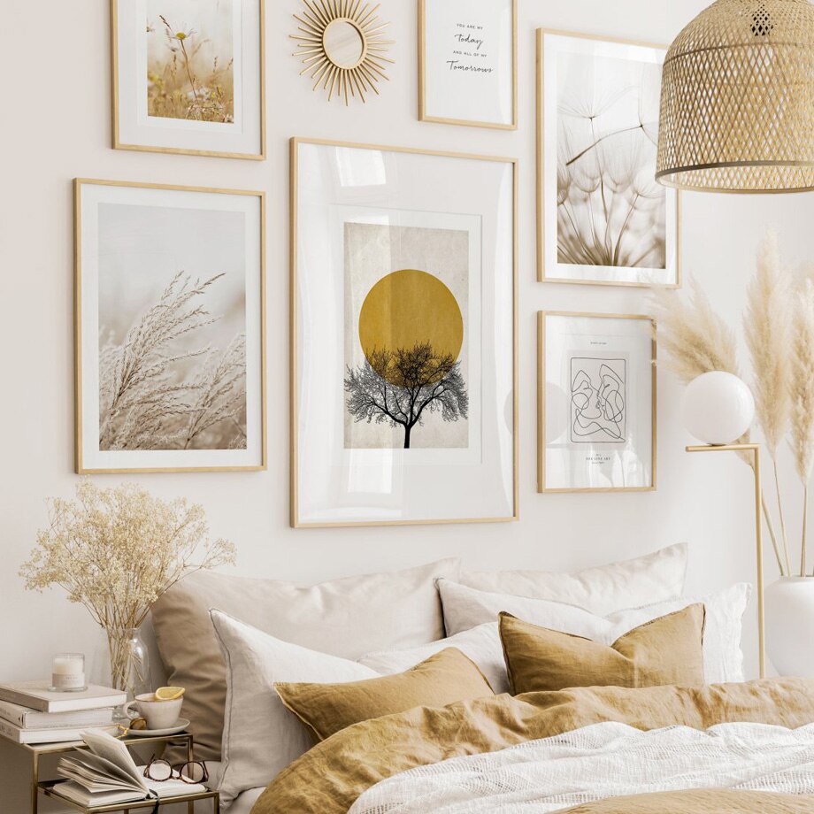 Relaxing nature wall art set on bedroom wall.