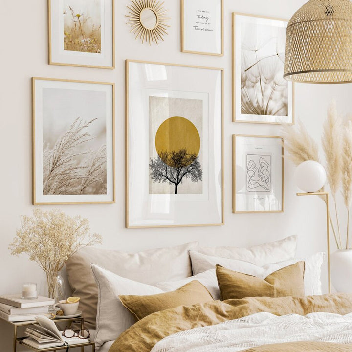 Relaxing nature wall art set on bedroom wall.