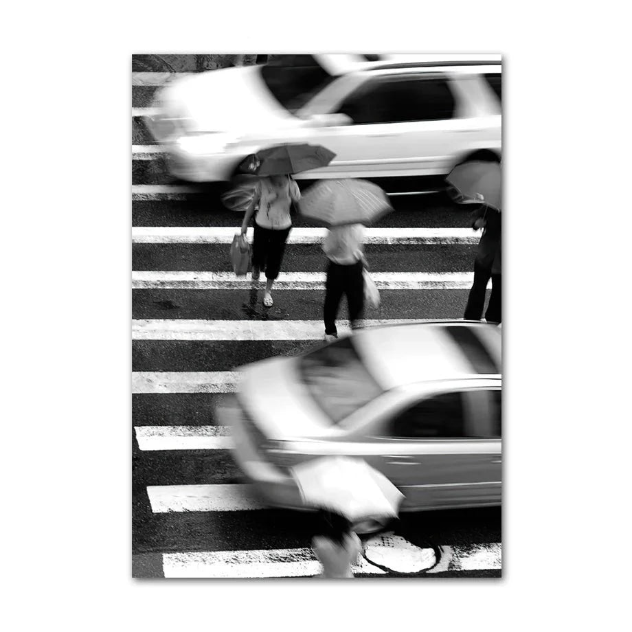 Black and white canvas print of overhead view of people crossing a pedestrian walkway.
