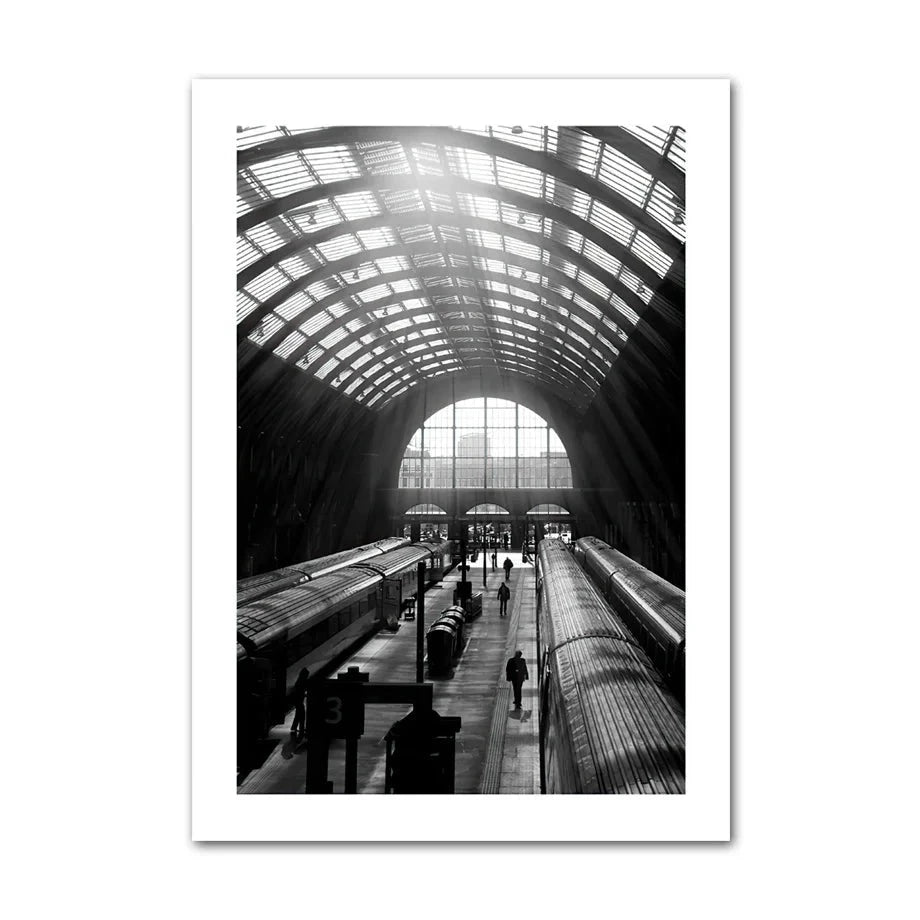 Black and white canvas print of train station.