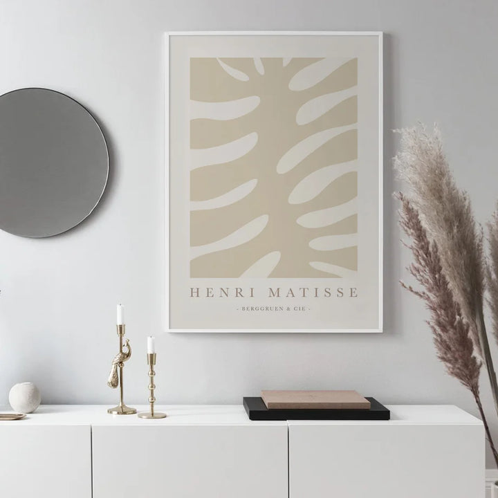 Cala canvas print styled above console table with round mirror