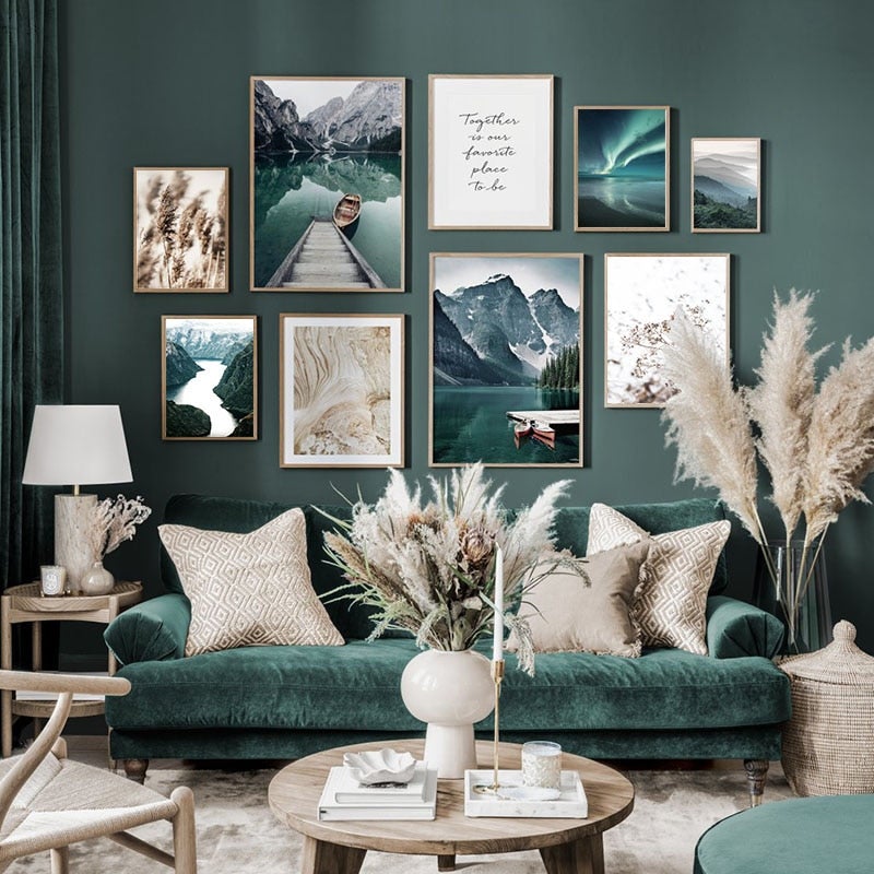 Green nature wall art set in living room.