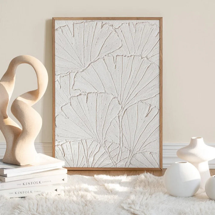 White chalk floral canvas print on floor.