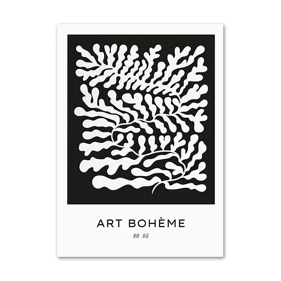 White leaf shapes on a black panel with Art Bohème title, canvas print