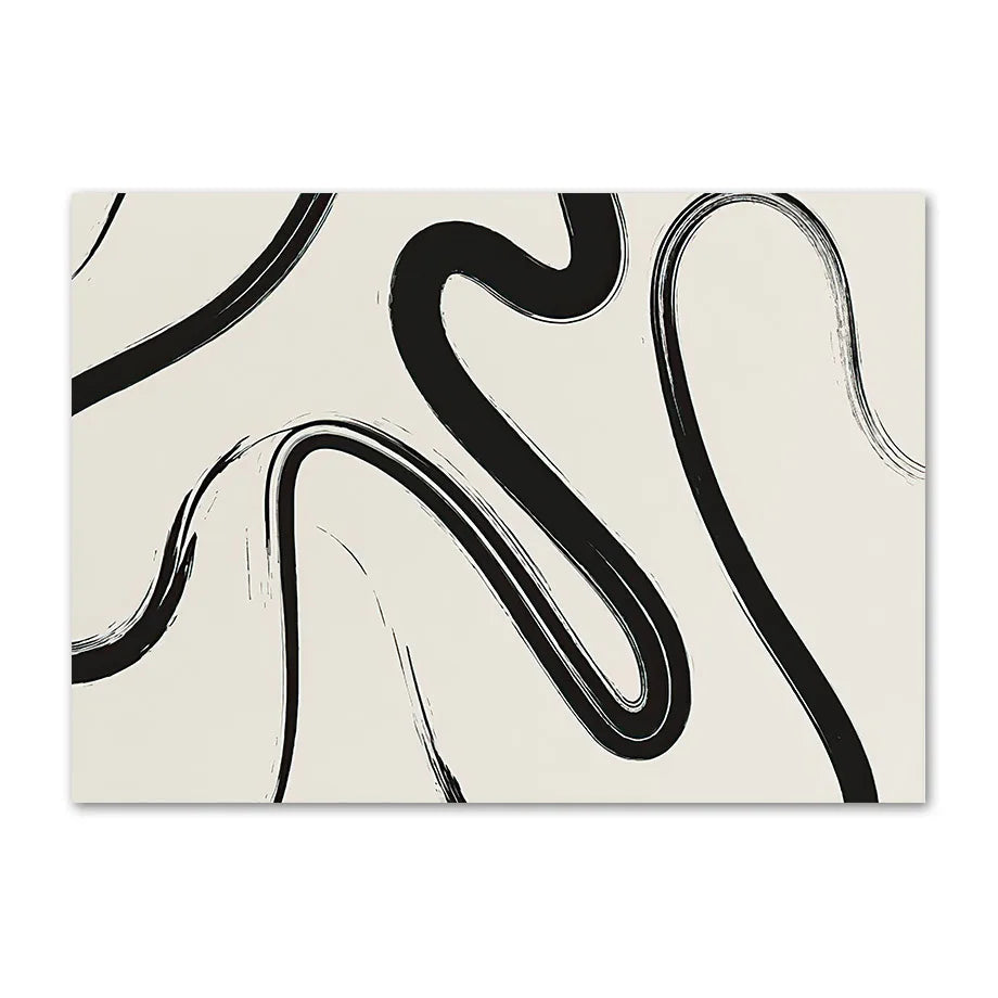 Thick black brush ribbons curving across a cream canvas print