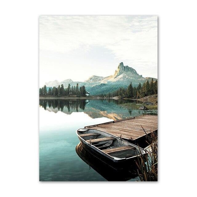 Boat on lake canvas poster.