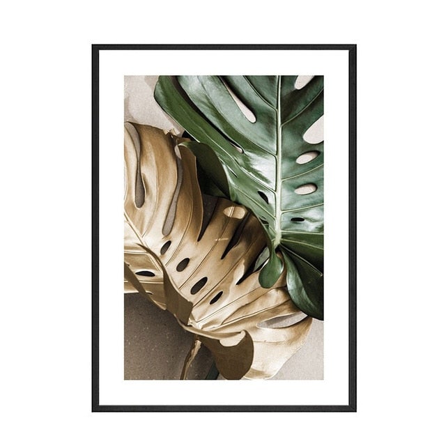 Gold and green leaves canvas poster.