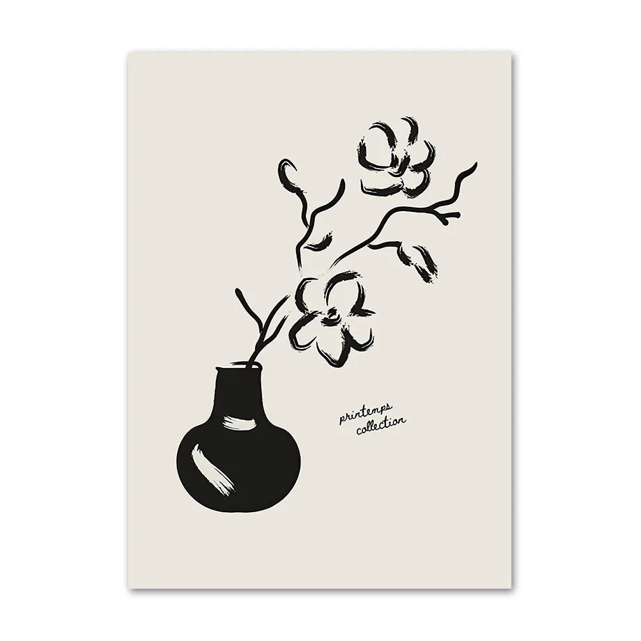 Black ink magnolia branches in a round vase on a cream canvas print