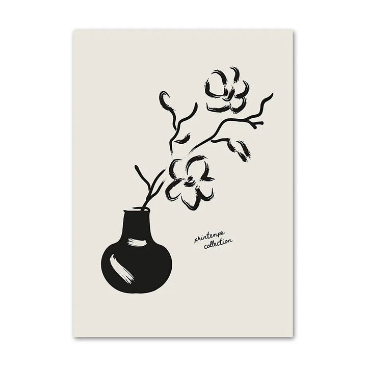 Black ink magnolia branches in a round vase on a cream canvas print