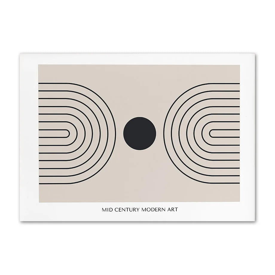 Black arches facing a black circle on a beige panel, mid-century canvas print