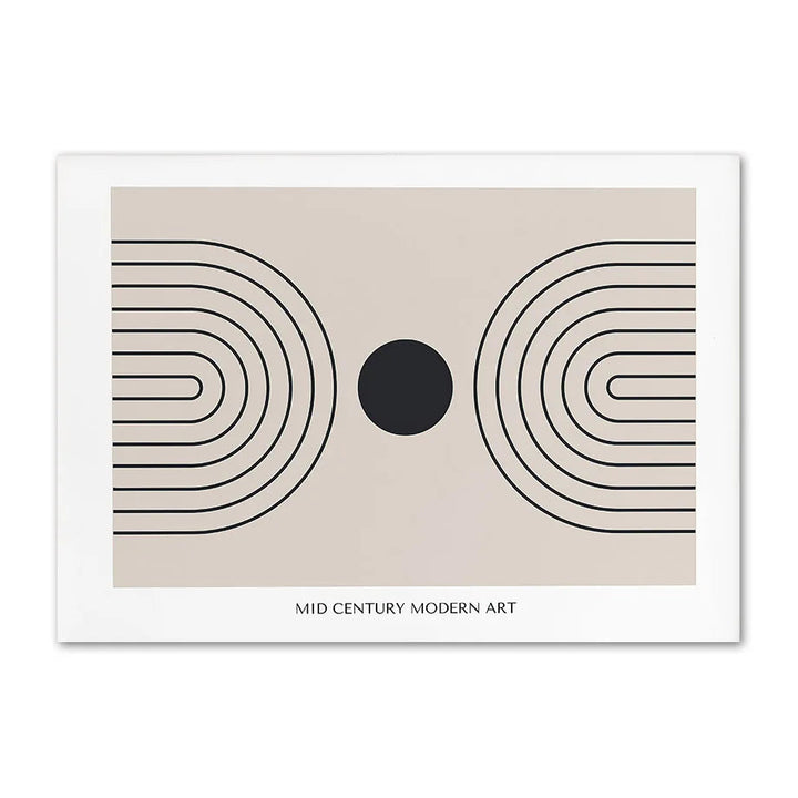 Black arches facing a black circle on a beige panel, mid-century canvas print