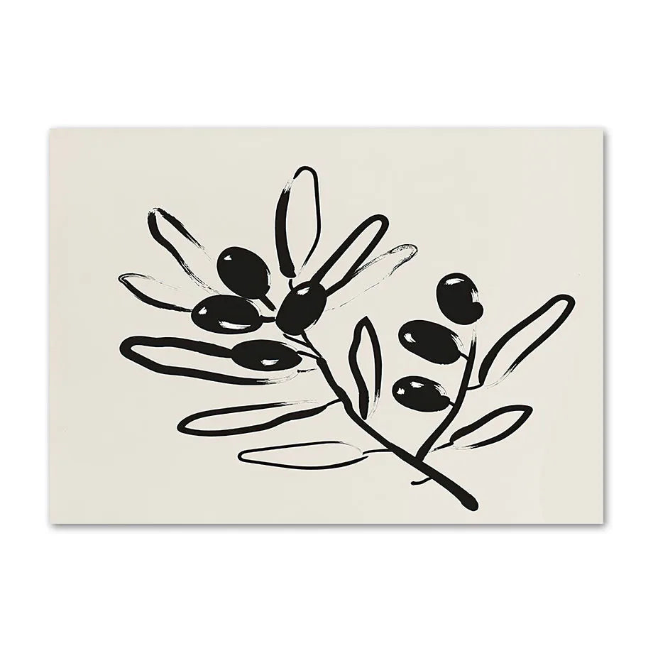 Black ink olive branch with leaves and olives on a cream canvas print