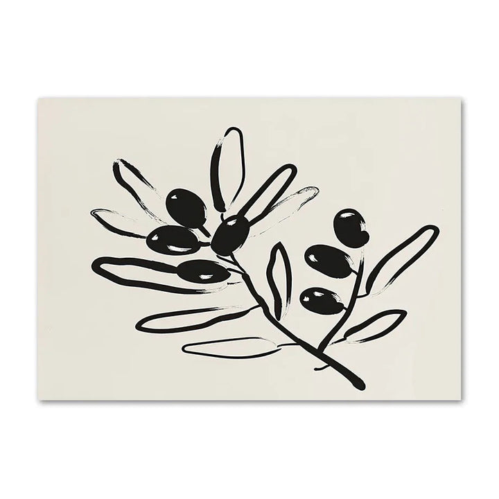 Black ink olive branch with leaves and olives on a cream canvas print