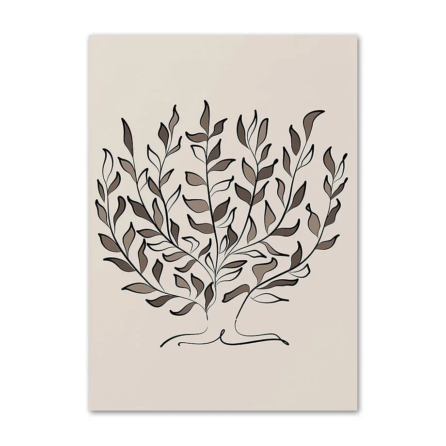 Line-drawn olive tree with brown and black leaves on a beige canvas print