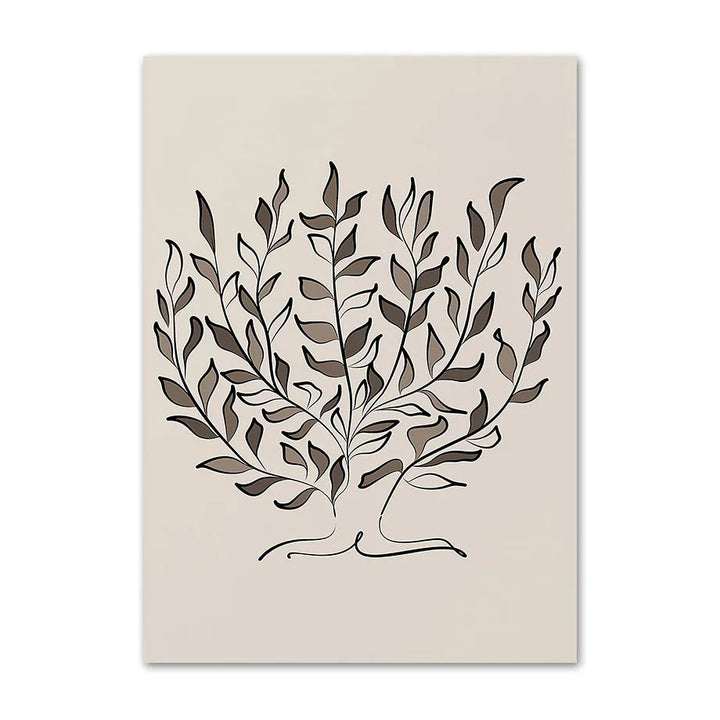 Line-drawn olive tree with brown and black leaves on a beige canvas print