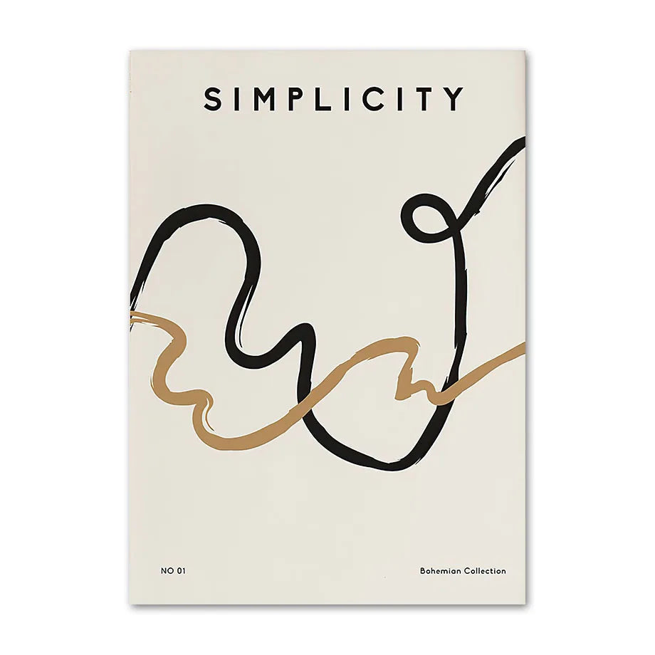 Black and tan flowing brush lines with Simplicity title, canvas print