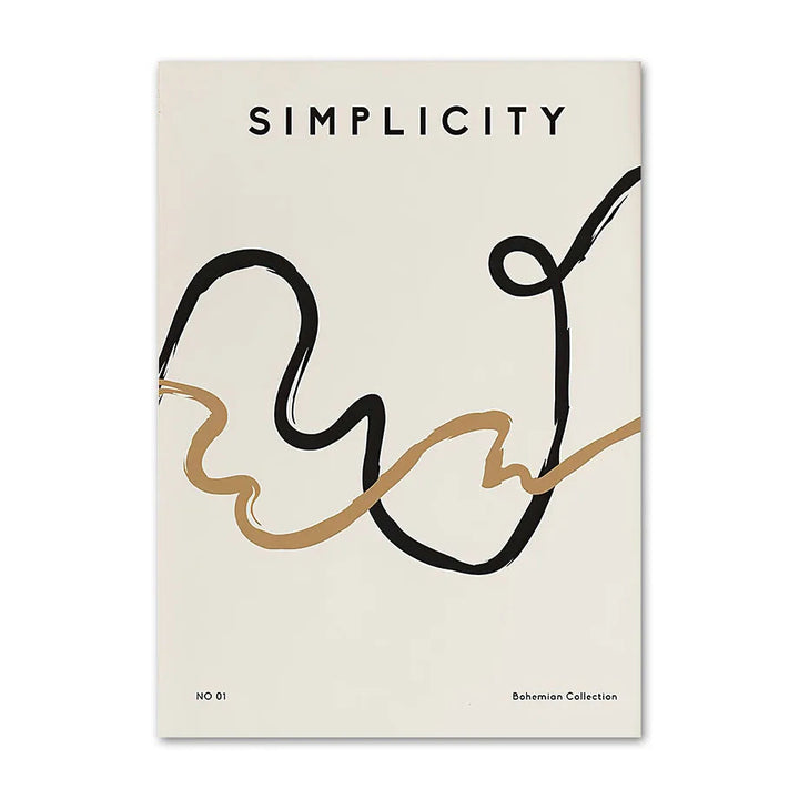 Black and tan flowing brush lines with Simplicity title, canvas print