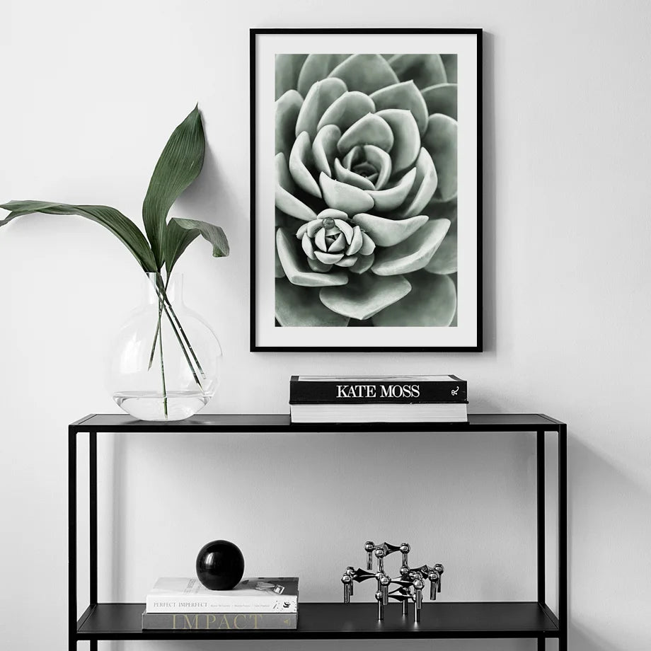 Framed succulent art print on a wall above a black console table with decorative items.