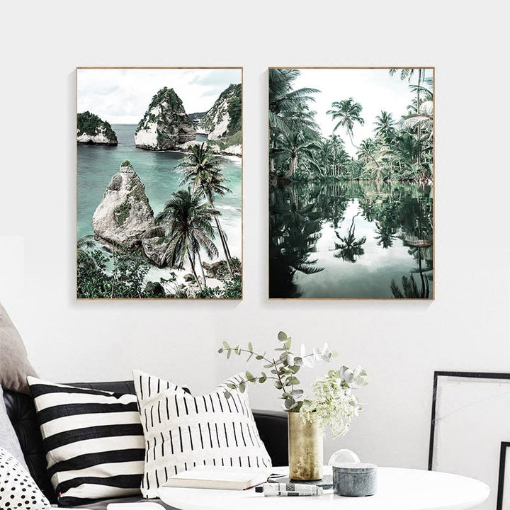 2 piece nature canvas prints on white wall.
