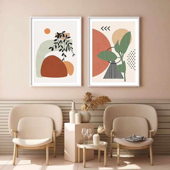 2 piece colourful art prints on beige wall.
