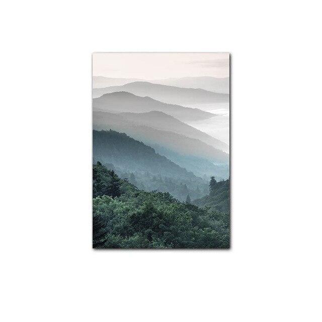 Poster of distant mountains in the forest.