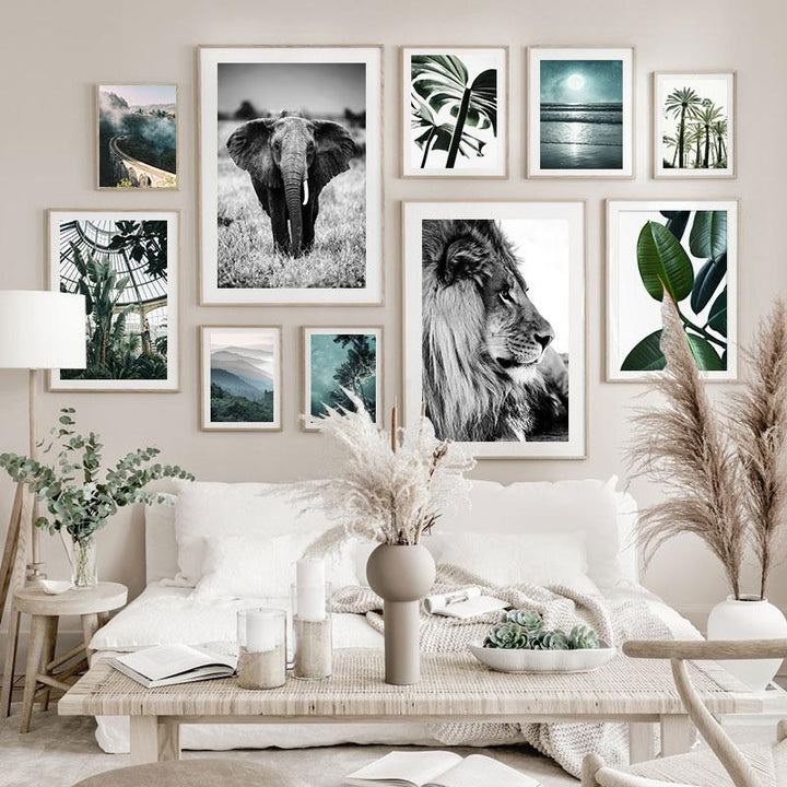 Animal canvas poster gallery on living room wall.