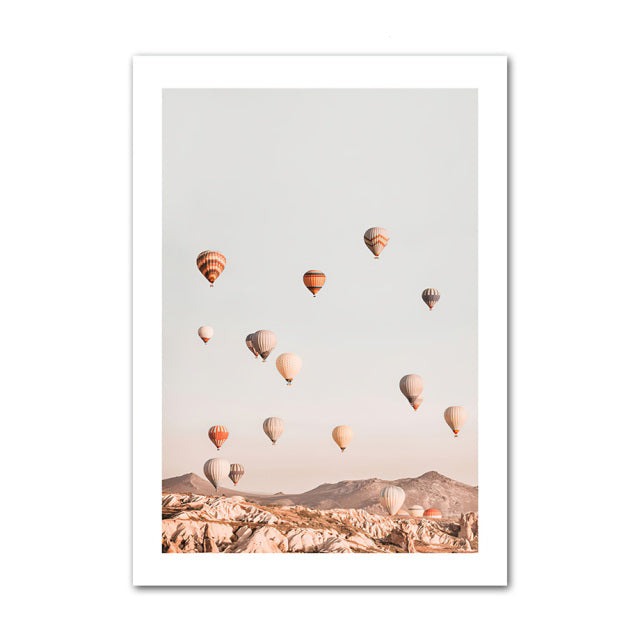 Air balloons going up in pink haze poster.