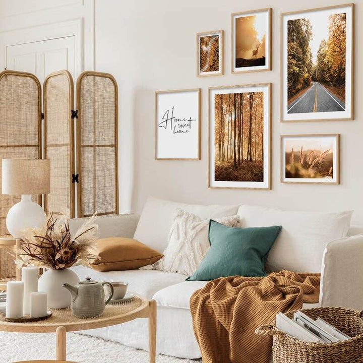 Photography canvas print gallery on living room wall.