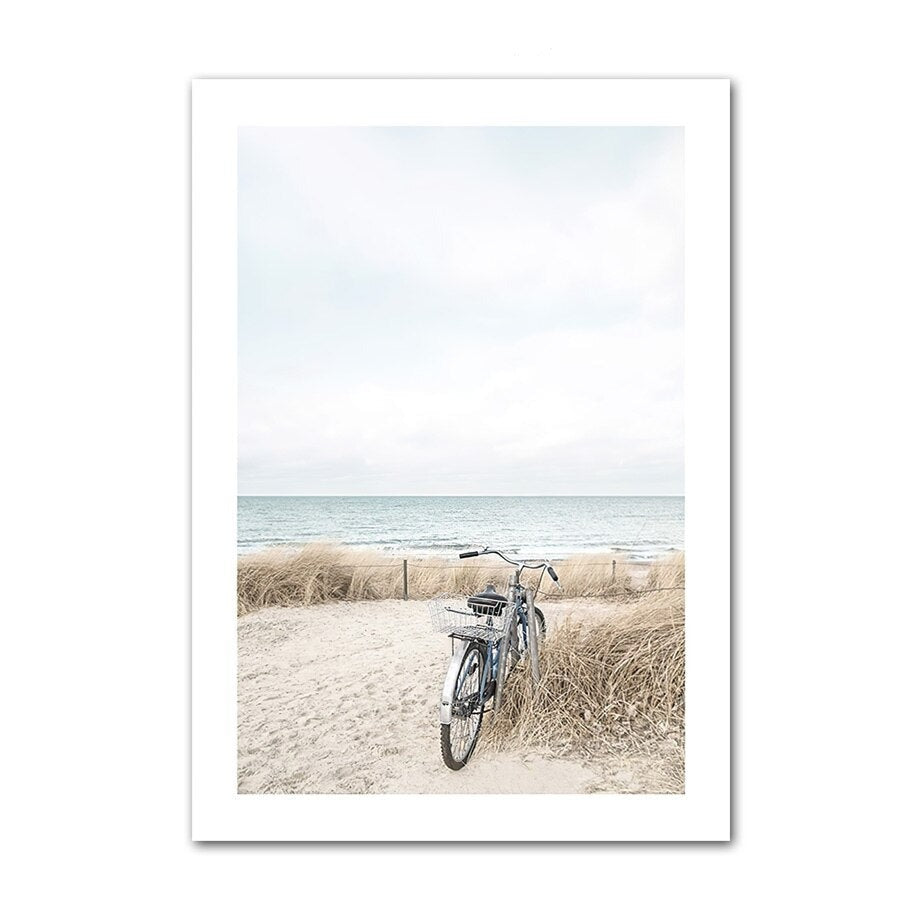 Bike on the beach canvas poster.