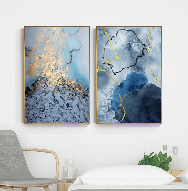 Blue and gold abstract canvas poster set on white wall.