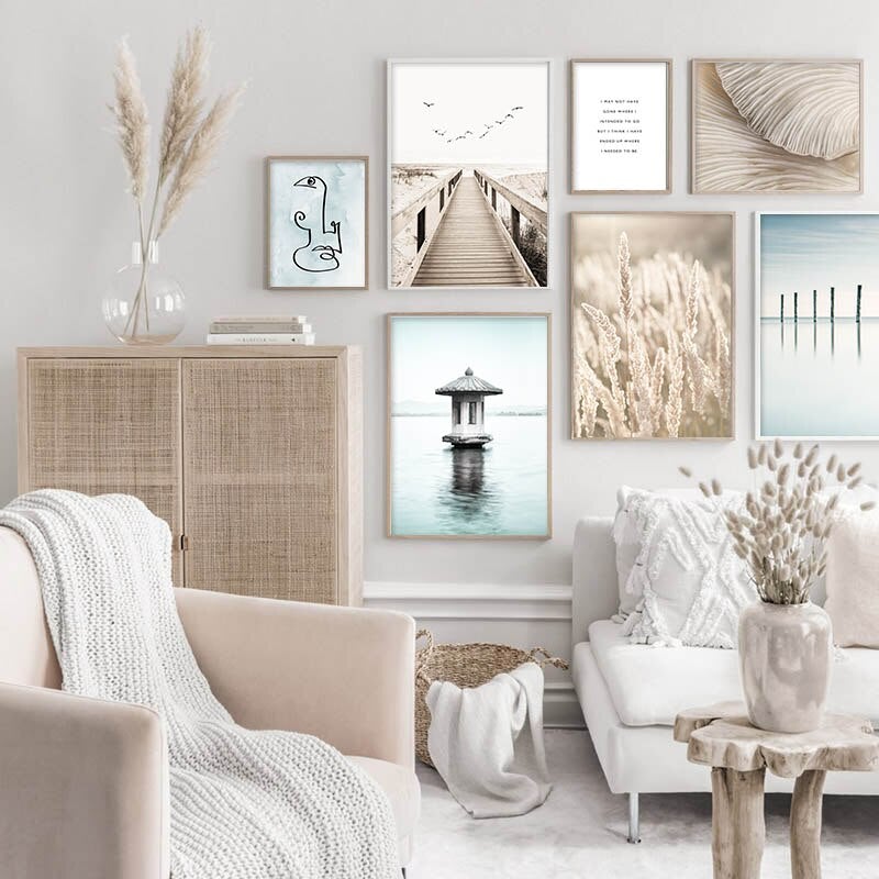 Nature photography gallery set on white living room wall.