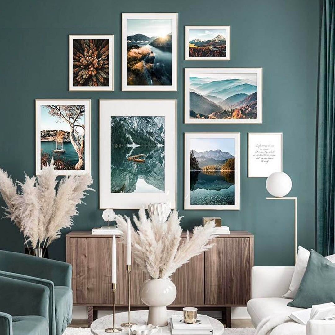 Forest photography canvas print gallery on green wall.