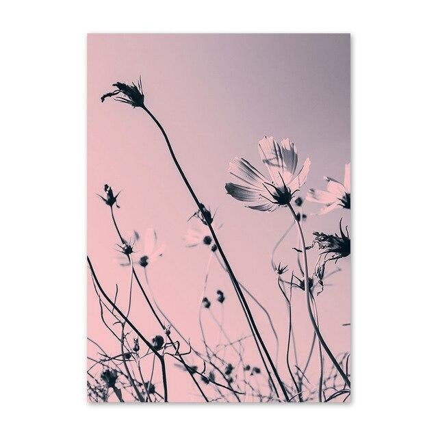 Pink sky with flowers blossoming canvas poster.