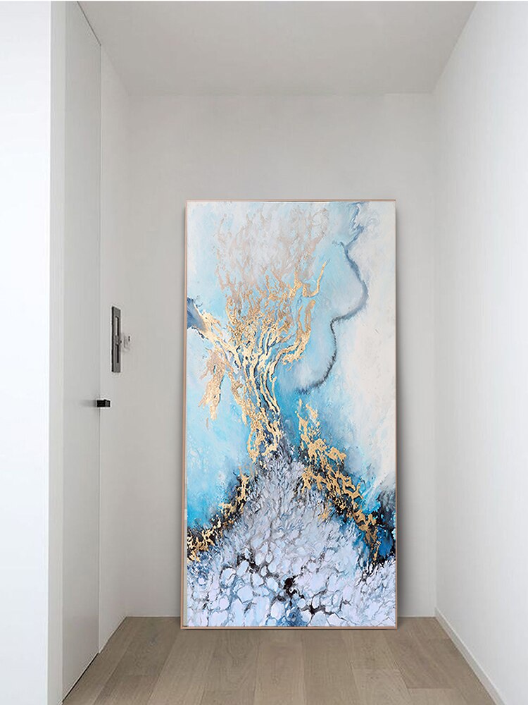 Extra large blue and gold print on hallway.