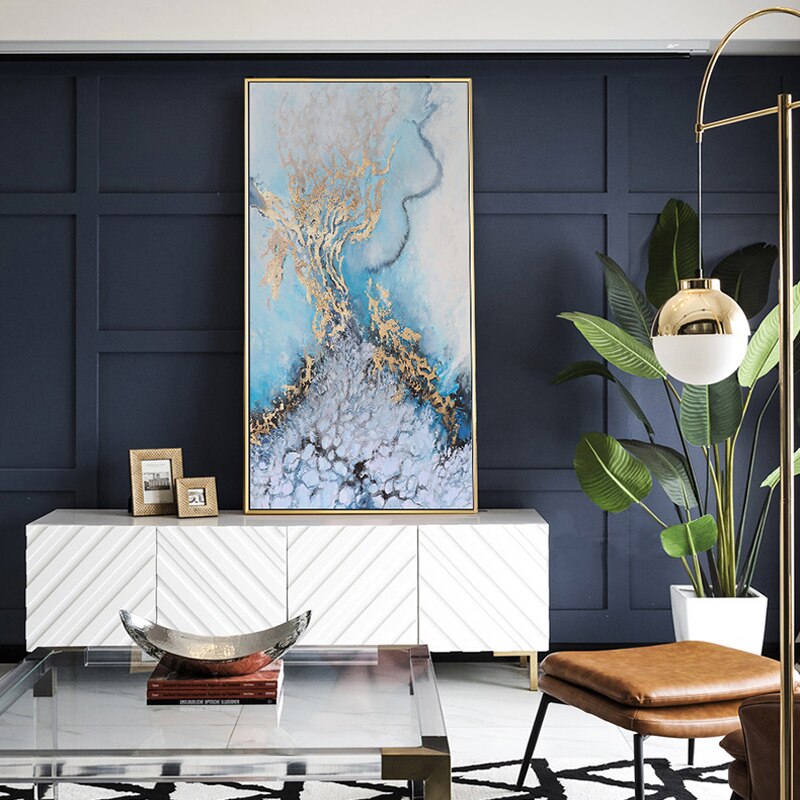 Extra large blue and gold print in living room.