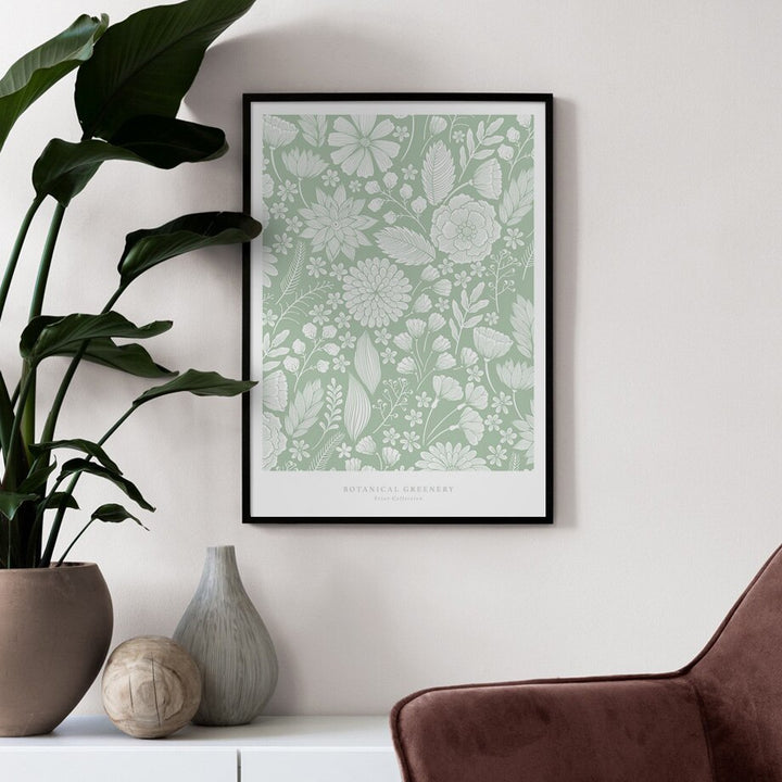 Floral canvas poster on wall.