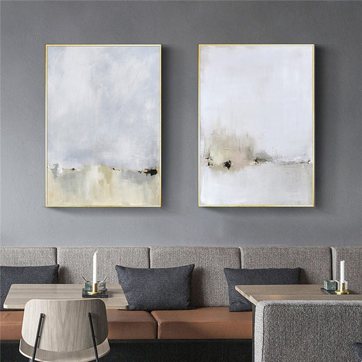 Gold Myst Canvas Prints pair on grey wall.