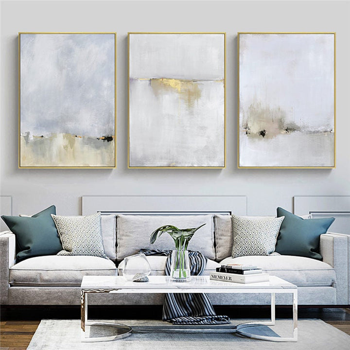 Gold Myst Canvas Prints on white living room wall.