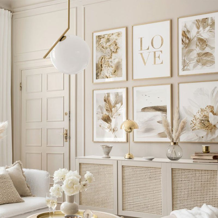 Golden Love Canvas Prints set on beige living room wall.