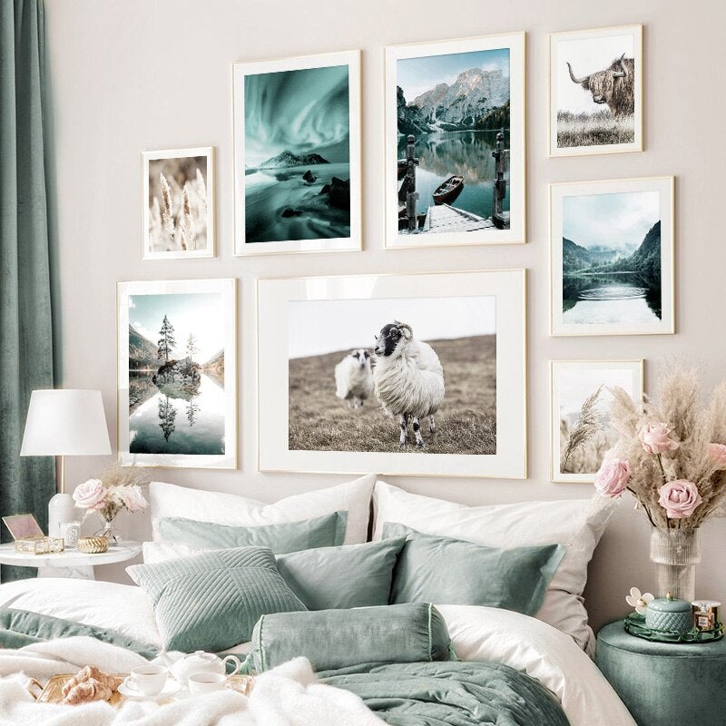 Lakeside Canvas Prints on bedroom wall above bed.