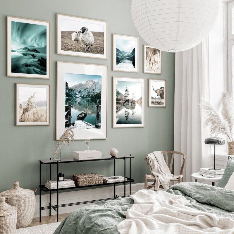 Lakeside Canvas Prints on green bedroom wall.