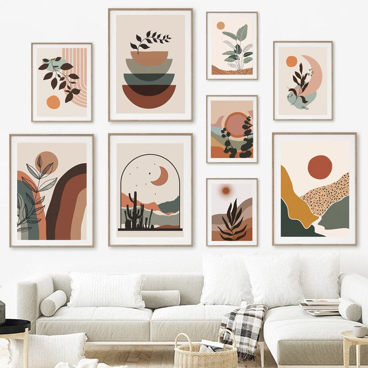 Le Sable Canvas prints on white living room wall above sofa.
