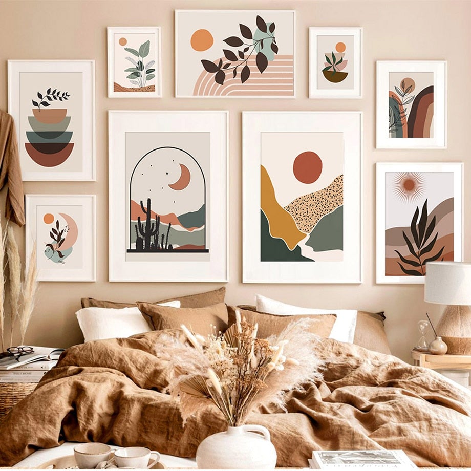 Le Sable Canvas prints set on bedroom wall above bed.