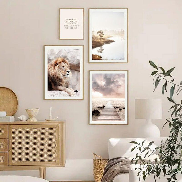 Lion wall art set on living room wall.