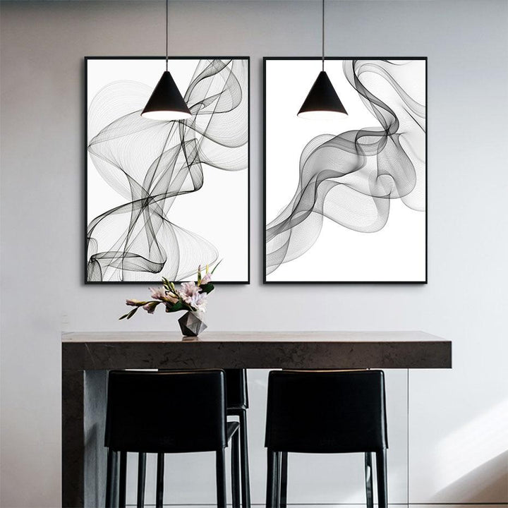 2 piece minimalist canvas poster set on dining room wall.