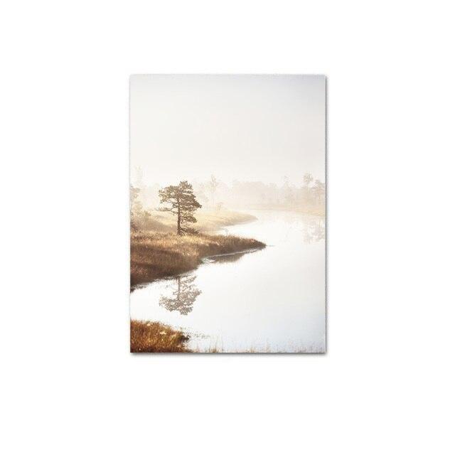 Misty lake canvas poster.