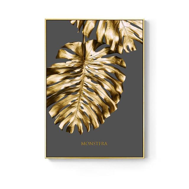 Monstera gold and grey canvas poster.