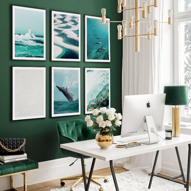 6 piece nature canvas posters on green home office wall.