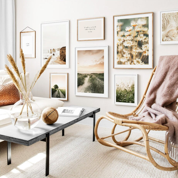 Nature canvas poster gallery on white living room wall.